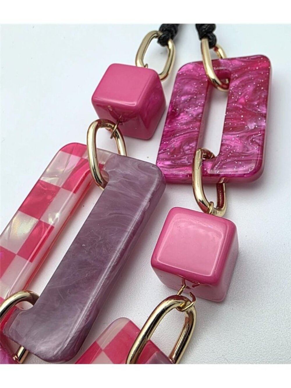 Chunky Pink Acrylic Link Necklace Mod Pop Art Statement Geometric Gold Tone 24" - Picture 4 of 7